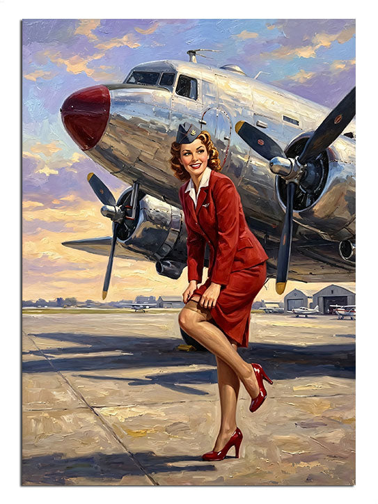 Eski uçak önünde poz veren kırmızı üniformalı retro hostes pin up tablosu.