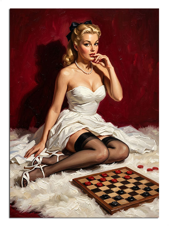 Kırmızı fonda satranç tahtası yanında beyaz elbiseli sarışın pin up.