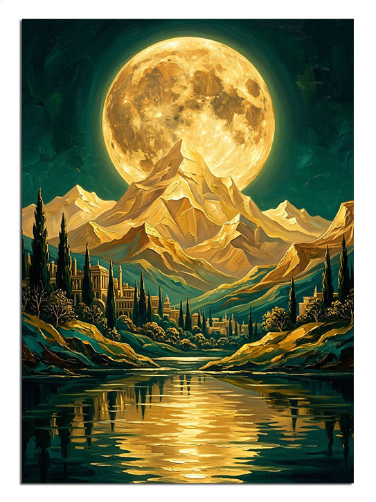 Altın dolunay altında dağ ve göl yansıması fantastik manzara tablosu.