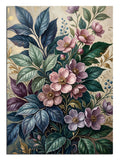 Pastel fonda pembe mor çiçekli mavi yapraklı botanik dal tablosu.