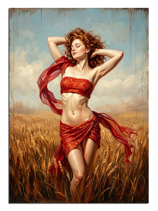 Buğday tarlasında kırmızı pareolu dans eden kızıl saçlı pin up kadın.