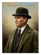 Fötr şapkalı, yeşil paltolu Mustafa Kemal Atatürk portre tablosu.