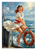 Gemide can simidi üzerinde oturan denizci kıyafetli neşeli pin up kız.