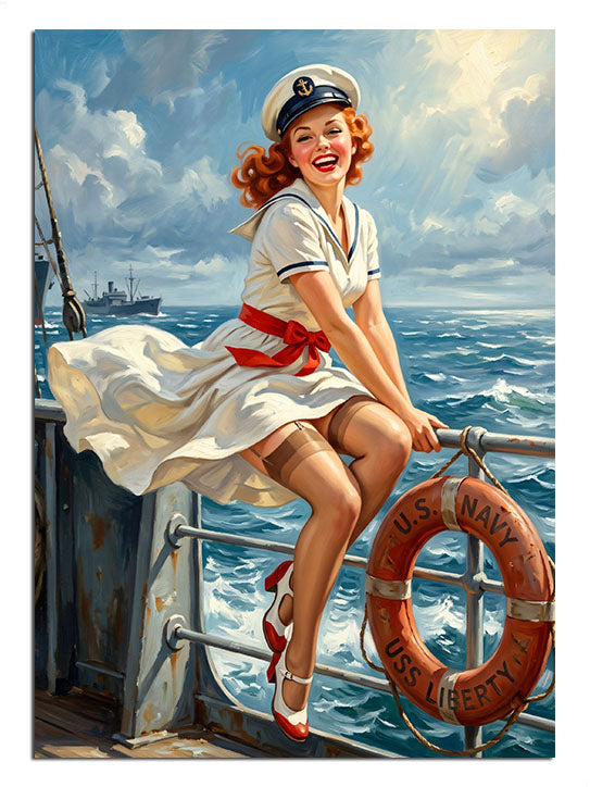 Gemide can simidi üzerinde oturan denizci kıyafetli neşeli pin up kız.