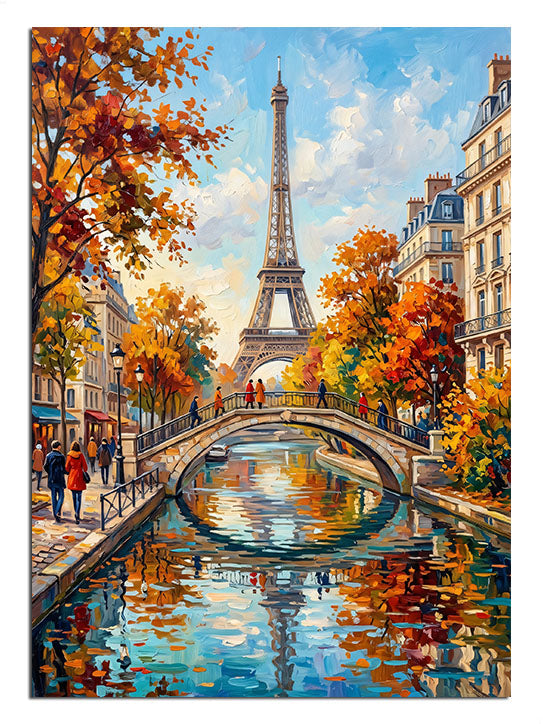Sonbahar yapraklı Paris Eyfel Kulesi ve kanal manzarası tablosu.