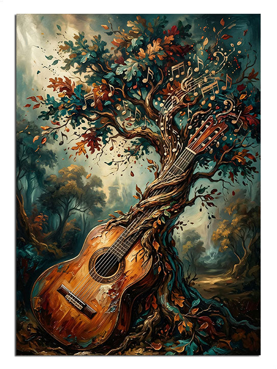 Ağaç gövdesine dönüşen akustik gitar ve yapraklı dallar müzik tablosu.