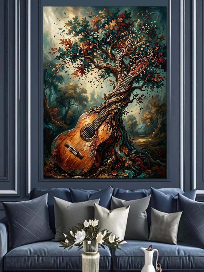 Ağaç Gövdesinde Gitarlı Doğa Sentezi Kanvas Tablo
