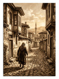 Eski Osmanlı taş sokaklarında yürüyen yaşlı adam nostalji tablosu.