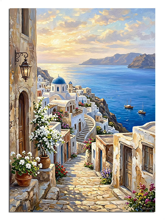 Santorini beyaz evleri ve mavi deniz manzaralı taş sokak tablosu.