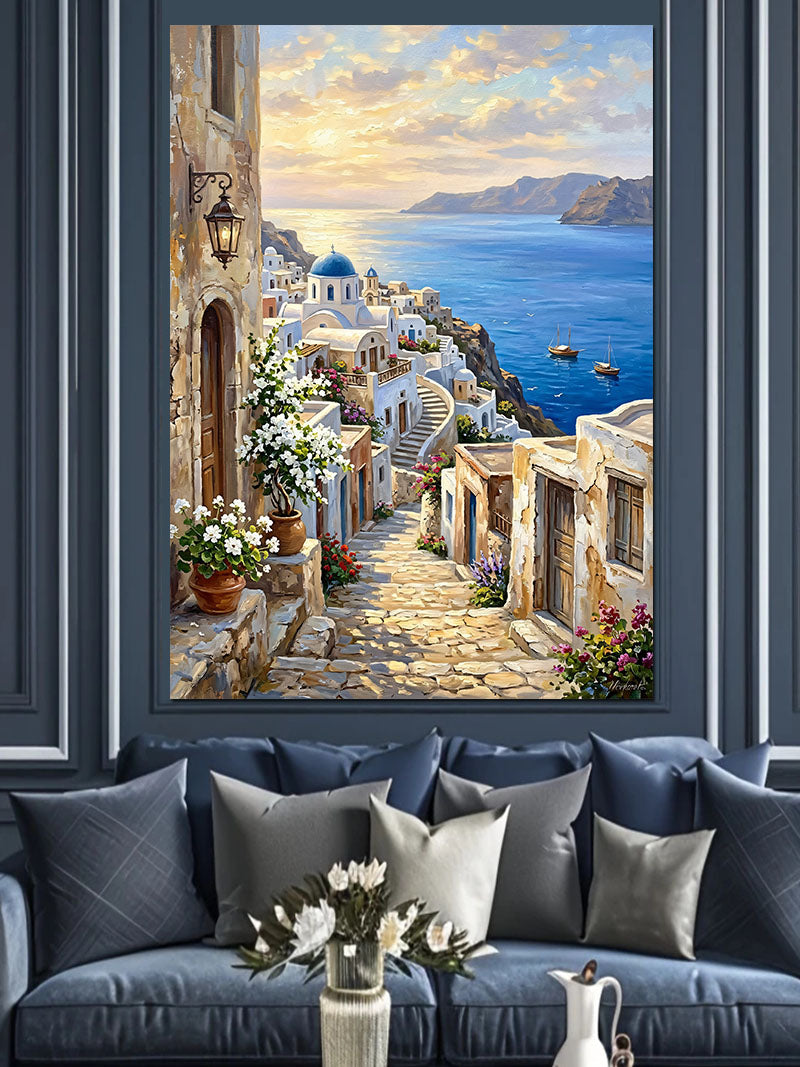Santorini Beyaz Evleri ve Mavi Kanvas Tablo