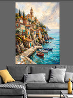 Kayalıkta Renkli Akdeniz Sahil Kasabası Kanvas Tablo