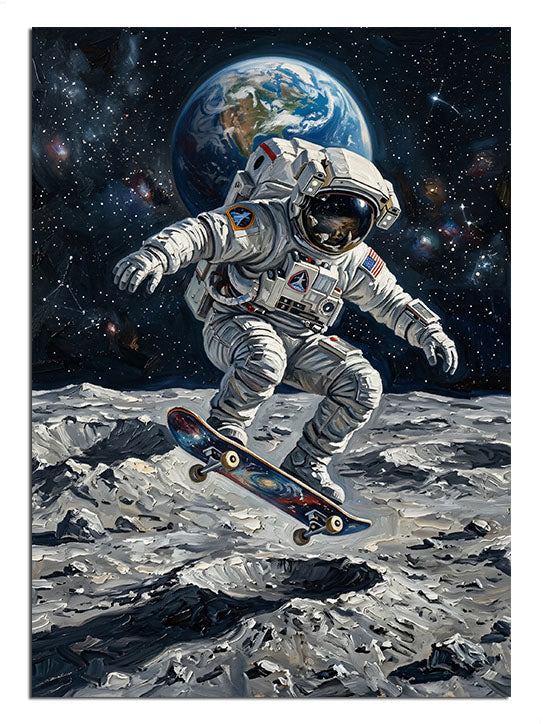 Ay yüzeyinde kaykay yapan astronot ve dünya manzaralı uzay tablosu.