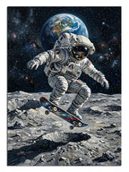 Ay yüzeyinde kaykay yapan astronot ve dünya manzaralı uzay tablosu.