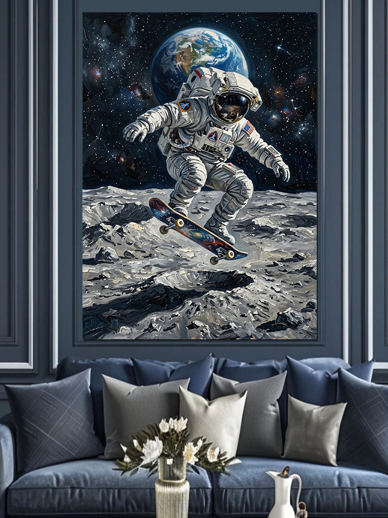 Ayda Kaykaylı Astronot Eğlencesi Kanvas Tablo