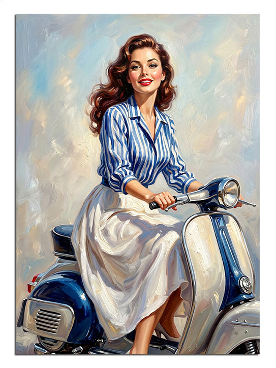 Mavi vespa üstünde oturan çizgili gömlekli retro kadın tablosu.