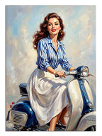 Mavi vespa üstünde oturan çizgili gömlekli retro kadın tablosu.