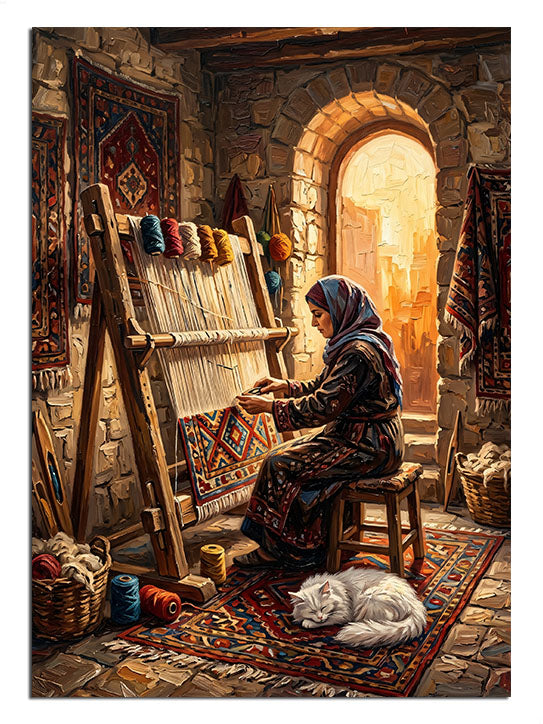 Eski taş odada halı tezgahında halı dokuyan kadın ve kedi tablosu.