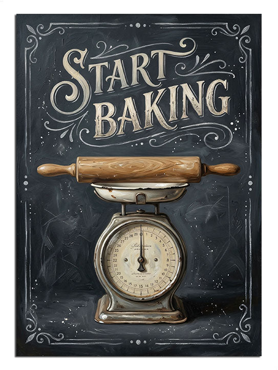 START BAKING yazılı vintage mutfak terazisi ve merdane mutfak posteri.