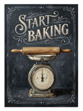 START BAKING yazılı vintage mutfak terazisi ve merdane mutfak posteri.