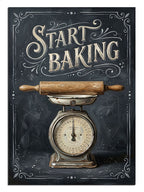 START BAKING yazılı vintage mutfak terazisi ve merdane mutfak posteri.