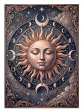 Güneş ve ay yüzlü, zodyak sembollü spiritüel mandala çember tablosu.