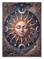 Güneş ve ay yüzlü, zodyak sembollü spiritüel mandala çember tablosu.