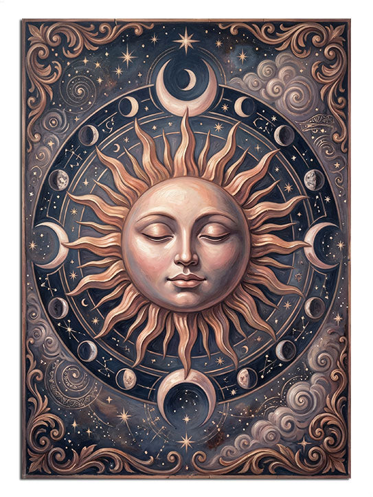 Güneş ve ay yüzlü, zodyak sembollü spiritüel mandala çember tablosu.