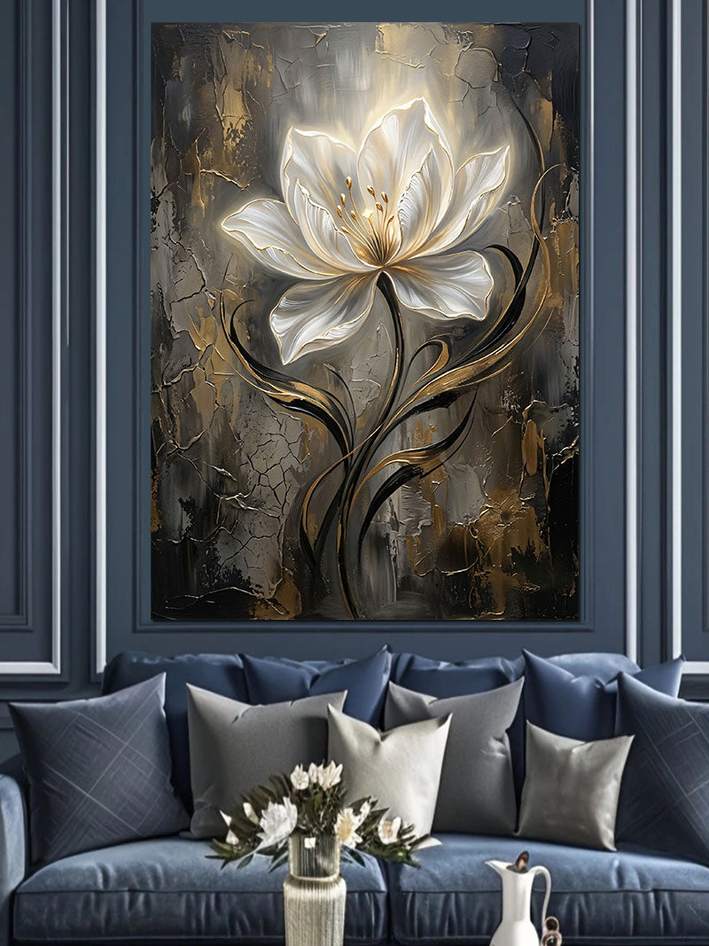 Siyah Gold Beyaz Lotus Çiçeği Kanvas Tablo
