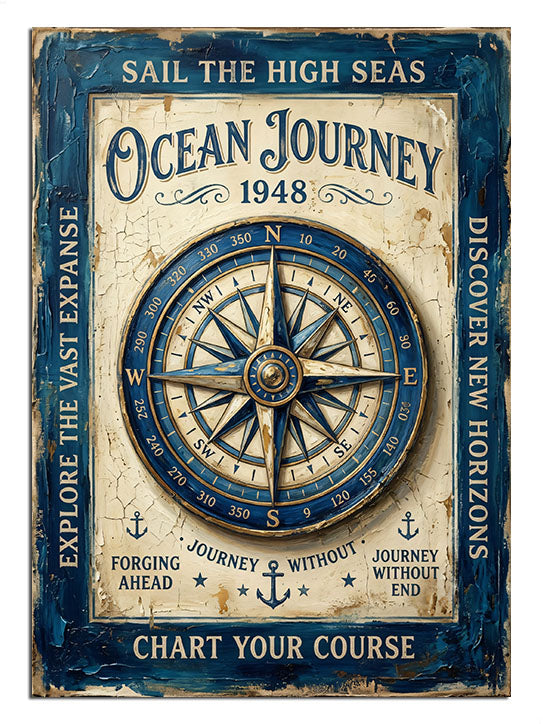 OCEAN JOURNEY 1948 yazılı vintage pusula ve okyanus yolculuk posteri.