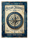 OCEAN JOURNEY 1948 yazılı vintage pusula ve okyanus yolculuk posteri.