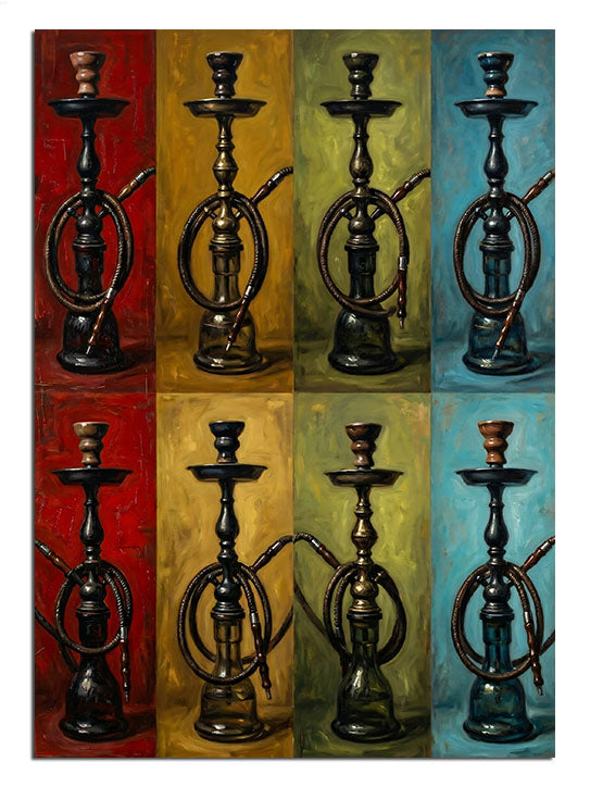 Kırmızı sarı mavi fonda sekiz renkli pop art nargile takımı tablosu.