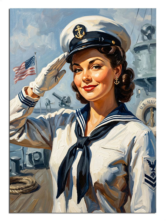 Amerikan bayraklı gemide selam veren denizci üniformalı pin up kadın.