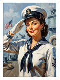 Amerikan bayraklı gemide selam veren denizci üniformalı pin up kadın.