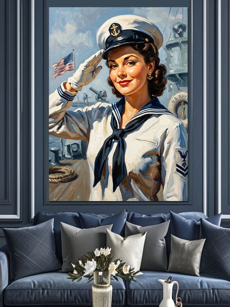 Selam Veren Denizci Kadın Pin Up Kanvas Tablo