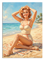 Plaj havlusunda güneşlenen sarışın mayolu retro pin up kadın tablosu.