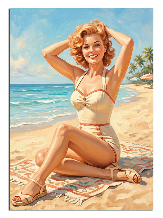 Plaj havlusunda güneşlenen sarışın mayolu retro pin up kadın tablosu.