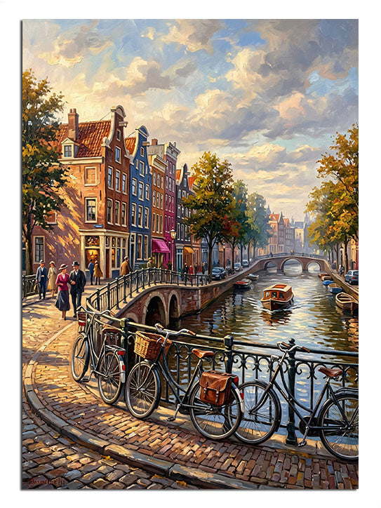 Amsterdam kanalı, köprü ve bisikletler ile şehir manzarası tablosu.
