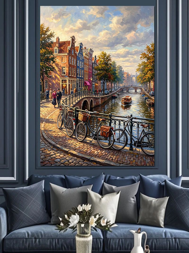 Kanallı Amsterdam Bisiklet ve Köprü Kanvas Tablo