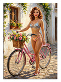 Pembe bisiklet yanında çiçek sepetli bikinili retro pin up kadın.