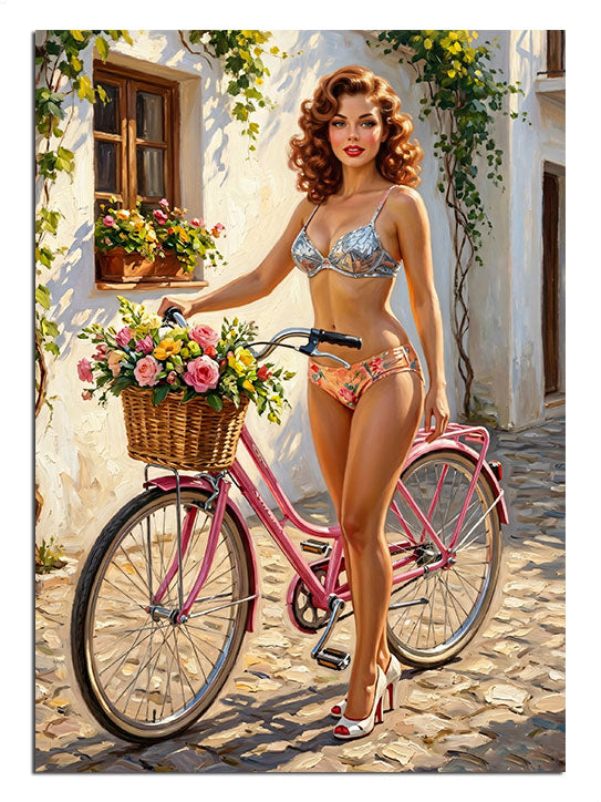 Pembe bisiklet yanında çiçek sepetli bikinili retro pin up kadın.