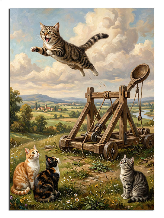 Mancınıkla havaya fırlayan kedi ve izleyen üç kedi komik hayvan tablosu.