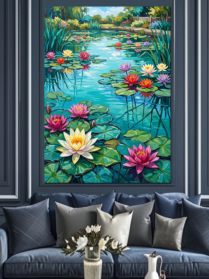 Nilüferli Göl Pembe Beyaz Lotus Kanvas Tablo
