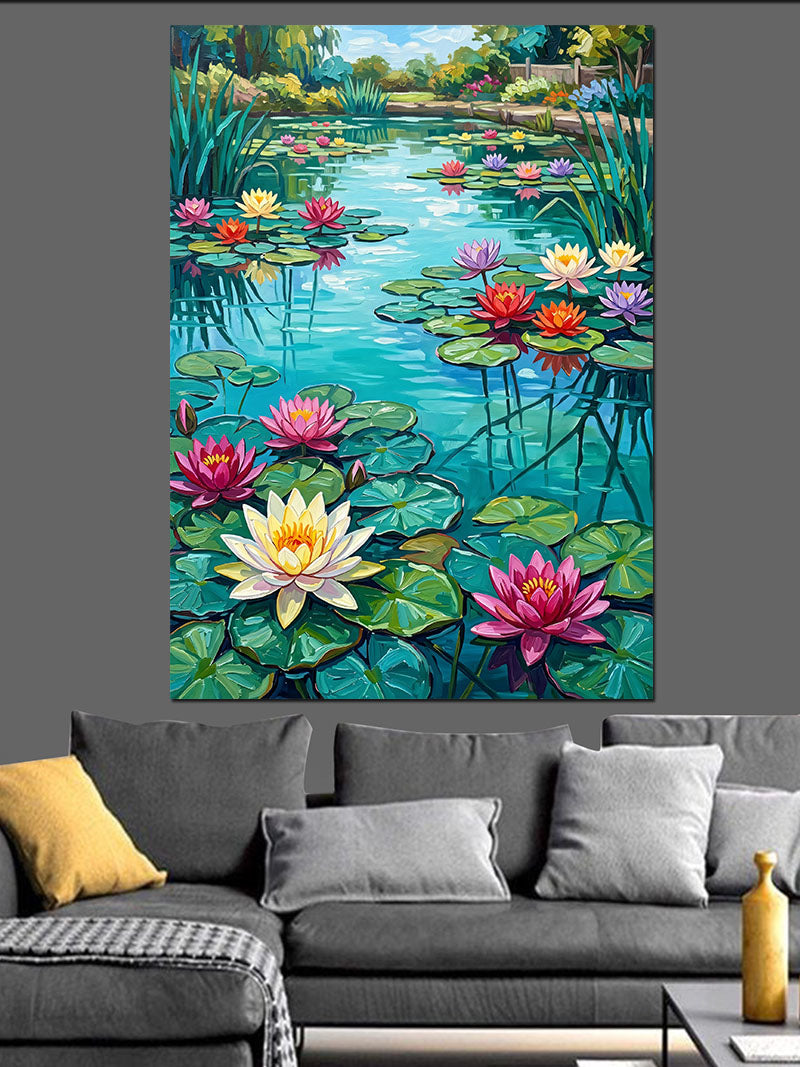 Nilüferli Göl Pembe Beyaz Lotus Kanvas Tablo