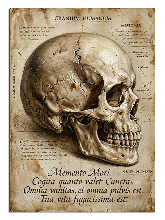 Eski kağıt üzerinde Memento Mori yazılı insan kafatası anatomi tablosu.