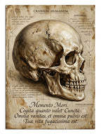 Eski kağıt üzerinde Memento Mori yazılı insan kafatası anatomi tablosu.
