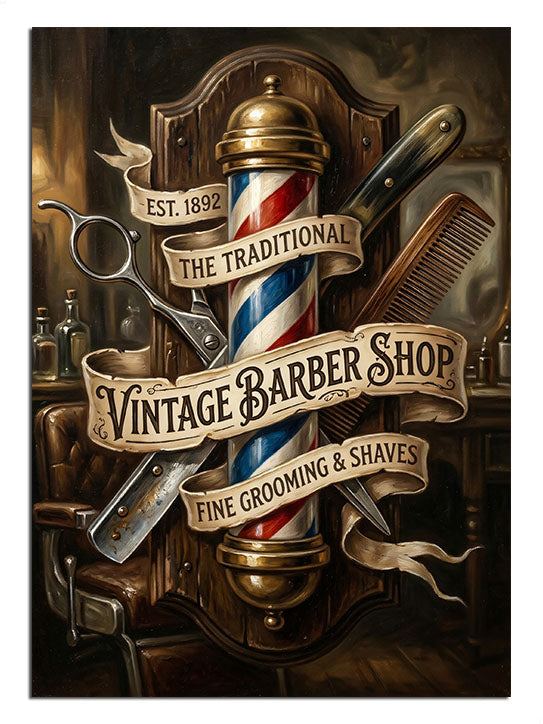 VINTAGE BARBER SHOP yazılı berber direği ve aletleri retro tablo.