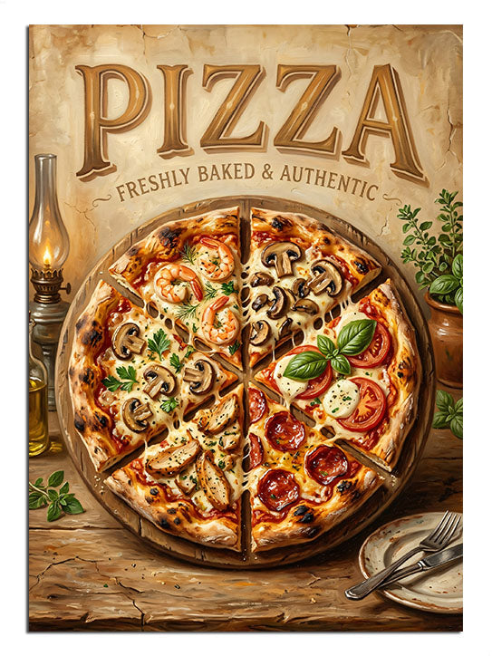 Odun fırını fonlu, fesleğenli karışık pizza vintage poster tablosu.
