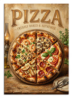 Odun fırını fonlu, fesleğenli karışık pizza vintage poster tablosu.