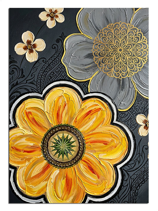 Siyah fonda sarı gri mandala ve çiçek desenli modern tablo.