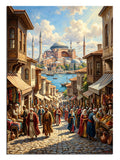 Ayasofya manzaralı, kalabalık tarihi İstanbul çarşı sokağı tablosu.